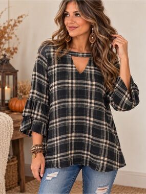 Jodifl Size Small Plaid Boho Keyhole Ruffle Sleeve Top